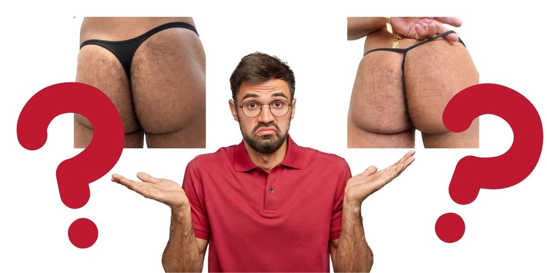 Man in red shirt and glasses shrugs, confused. Thong on left, g-string on right, red question marks above. White background. Thongs vs. G-Strings